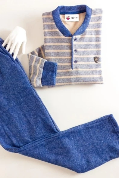 Erkek 3 Düğme Çizgili Kışlık Pamuklu Selanik Kumaş Uzun Manşetli Kol Cepli Pijama Takımı - 8