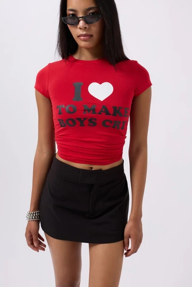 Nakış Detay Baskılı Crop T-Shirt