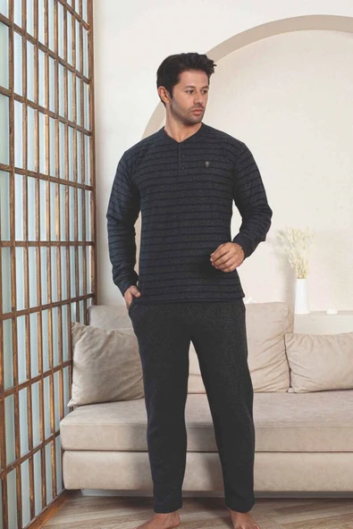 Erkek 3 Düğme Çizgili Kışlık Pamuklu Selanik Kumaş Uzun Manşetli Kol Cepli Pijama Takımı - 2