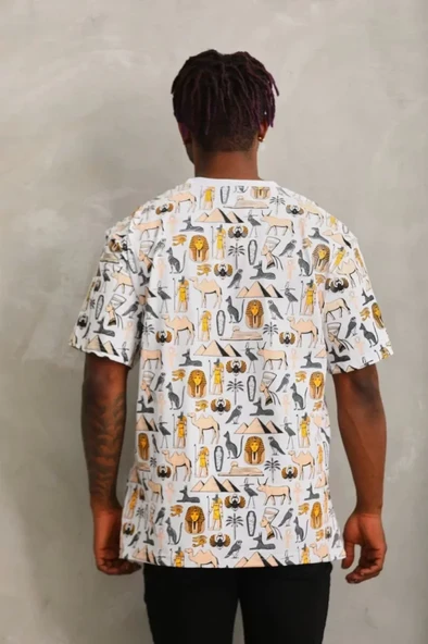 Unisex Oversize Baskılı Bisiklet Yaka T-Shirt - Beyaz - 2