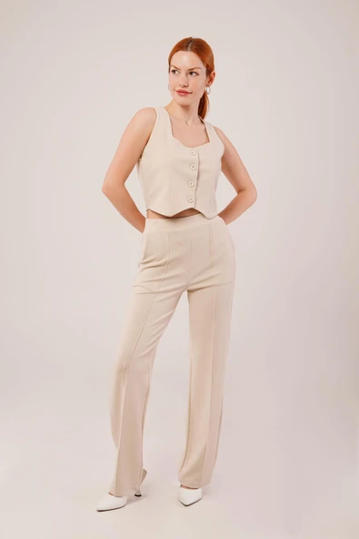 Kalın Askılı Düğmeli Yelek Ve Pantolon Bej Takım - 1