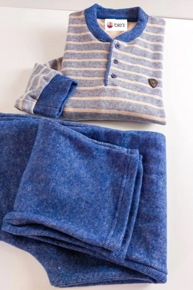 Erkek 3 Düğme Çizgili Kışlık Pamuklu Selanik Kumaş Uzun Manşetli Kol Cepli Pijama Takımı - 9