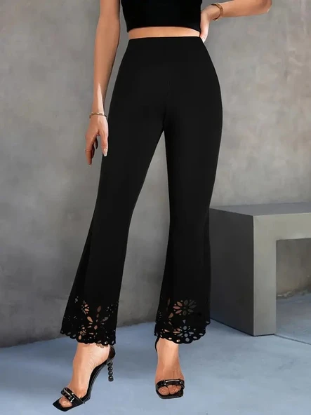 Kadın Yüksek Bel Paçaya Doğru Genişleyen Lazer çiçek Kesim Detaylı Ithal Krep Pantolon - 4