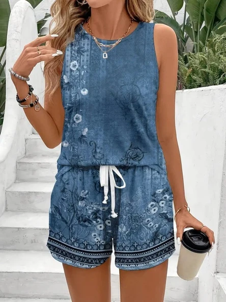 Kadın Askılı Yuvarlak Yaka çiçek Baskılı Süprme Bluz Ve Short Ikili Takım - Resim 5