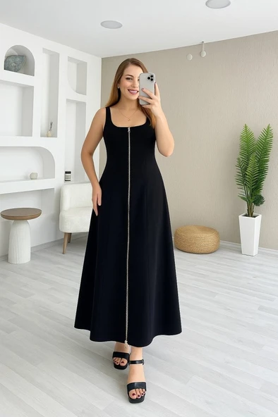 Kadın Askılı Kare Yaka önden Fermuarlı Geniş Kesim Janjan Krep Elbise - Resim 3