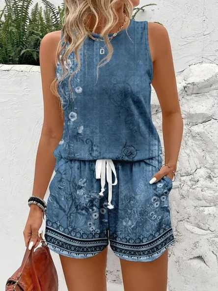 Kadın Askılı Yuvarlak Yaka çiçek Baskılı Süprme Bluz Ve Short Ikili Takım - Resim 2