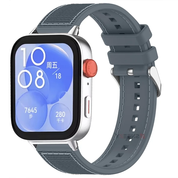 Huawei Watch Fit 3 İle Uyumlu Dikiş Desenli Dokuma Silikon Kordon  Gri ürün görseli