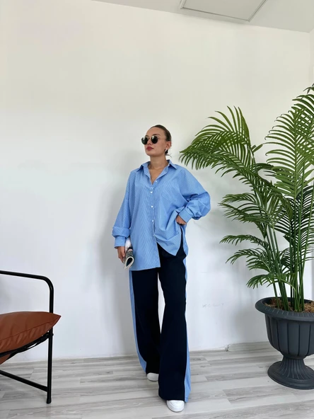 Kadın Oversize Çizgili Gömlek Mavi - Resim 2