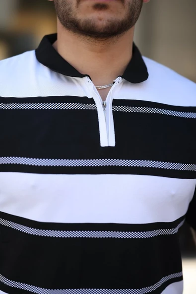 Erkek Yakalı Fermuarlı çift Renk Kısa Kollu T-shirt - Resim 3