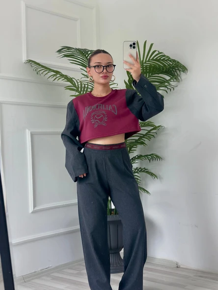 Kadın Vatkalı Crop Sweatshirt Bordo - 2