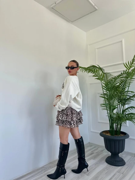 Kadın Fırfırlı Leopar Mini Etek Bej - Resim 3