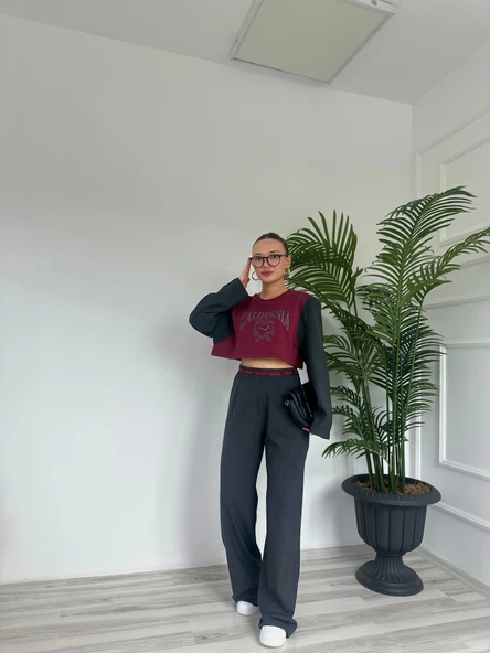 Kadın Vatkalı Crop Sweatshirt Bordo - 3