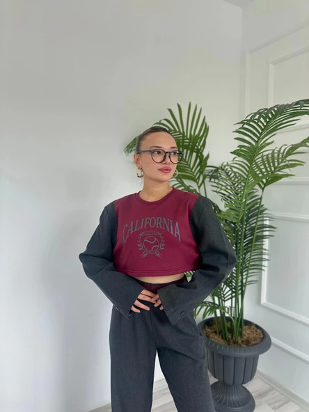 Kadın Vatkalı Crop Sweatshirt Bordo