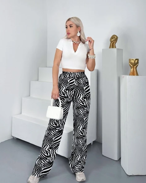 Kadın Desenli Dokuma Viskon Kumaş Cepli Bol Paça Pantolon ürün görseli