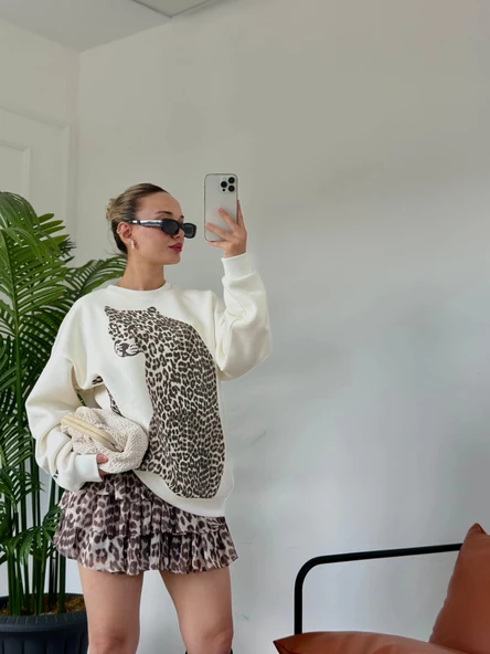 Kadın Fırfırlı Leopar Mini Etek Bej ürün görseli