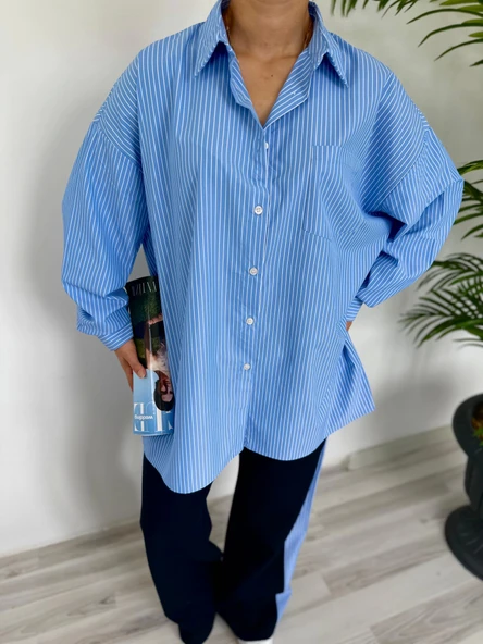 Kadın Oversize Çizgili Gömlek Mavi - Resim 3