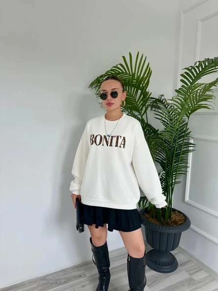 Kadın Yazı Baskılı Sweatshirt Ekru