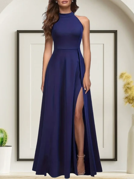 Kadın Halter Yaka Derin Yırtmaç Detaylı Tam Boy Janjan Krep Abiye Elbise