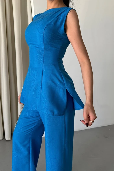 JAKAR KETEN KOLSUZ BLUZ-PANTOLON TK - Mavi - Resim 3