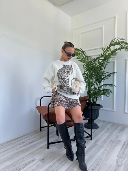 Kadın Fırfırlı Leopar Mini Etek Bej - Resim 4