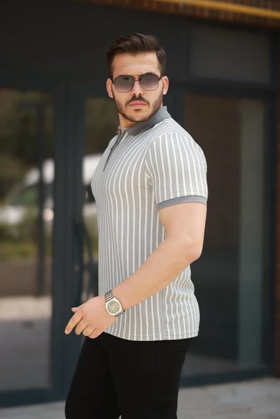 Erkek çizgili Fermuar Yakalı Kısa Kollu Tişört - 2