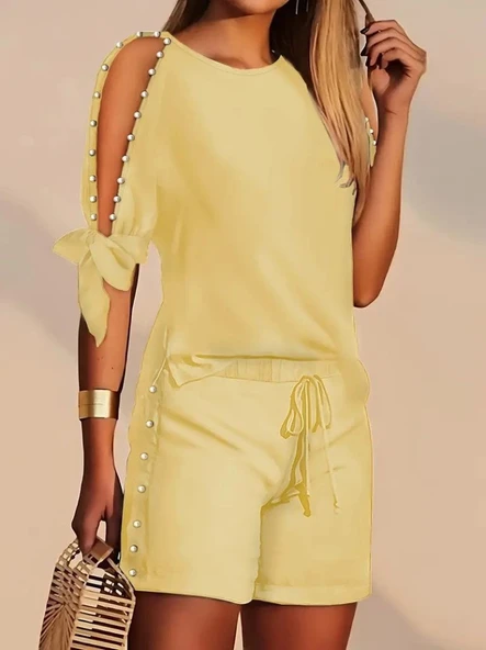 Kadın Kısa Kollu Bisiklet Yaka Yarı Açık Omuz Inci Detaylı Short T-shirt Viskon Ikili Takım