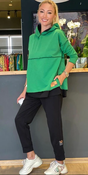 Kadın Yeşil Kapşonlu Etek Ucu Detay Arma Ters Dikiş Gorunumlu Ikili Takım - Resim 5