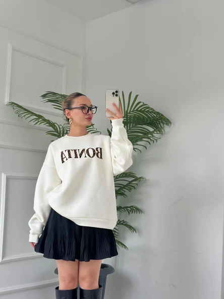 Kadın Yazı Baskılı Sweatshirt Ekru - 3