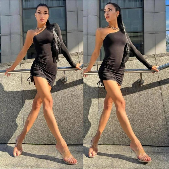 Kadın Omuz Dekolteli Asansör Büzgü Detay Fırsat ürün Mini Siyah Elbise - 4