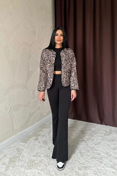 Leopar Leopar Desenli Kapitone Ceket