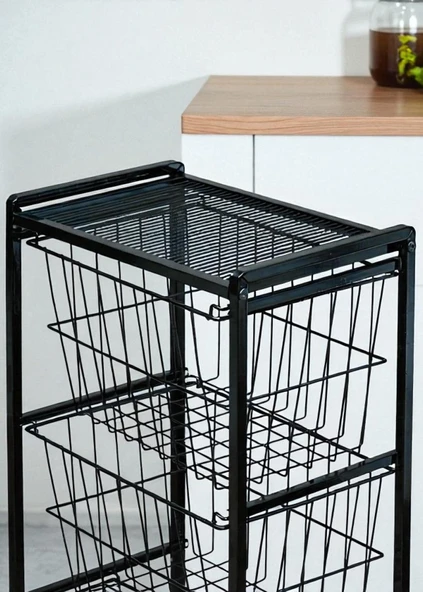 DEKORATİF SİYAH METAL SEBZELİK 3 RAFLI TEL SEPETLİ ÇOK AMAÇLI STAND - 7