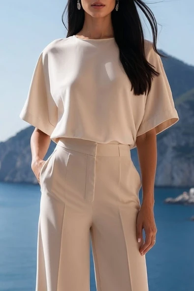 Kadın Kısa Kollu Bisiklet Yaka Bluz Yüksek Bel Cep Detaylı Pantolon Atlas Ikili Takım - Resim 2