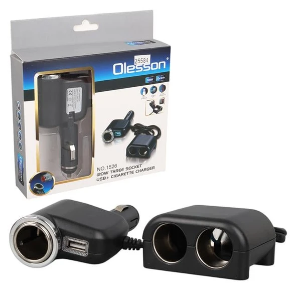 Olesson 1526 12-24V Tek USB Girişli 120W 80 CM Kablolu 3'LÜ Araç Çakmak Çoklayıcı ürün görseli