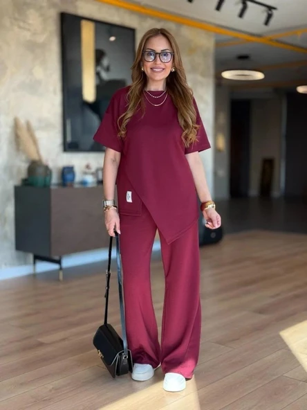 Kadın Kısa Kollu Bisiklet Yaka Asimetrik Viskon Iki Iplik Bluz Ve Pantolon Ikili Takım - 5