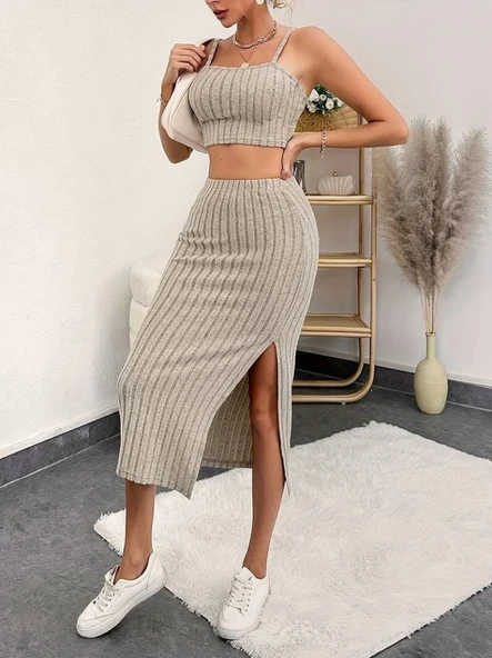 Kadın Kolsuz Askılı Crop Yırtmaçlı Midi Etek Fitilli Kaşkorse Takım - Resim 2