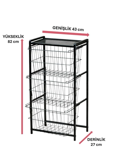 DEKORATİF SİYAH METAL SEBZELİK 3 RAFLI TEL SEPETLİ ÇOK AMAÇLI STAND - 5