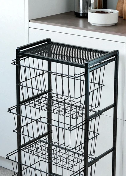 DEKORATİF SİYAH METAL SEBZELİK 3 RAFLI TEL SEPETLİ ÇOK AMAÇLI STAND - 6
