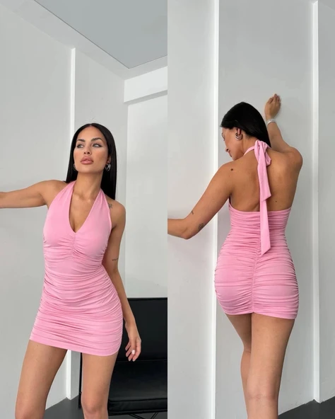 KADIN HALTER YAKA MİNİ ELBİSE - 1
