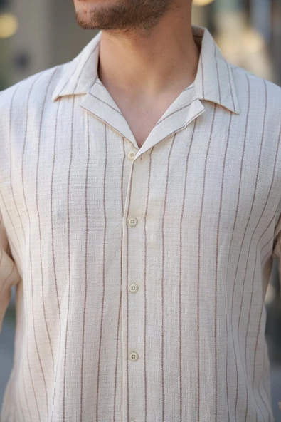Erkek çizgili Keten Gömlek - 3