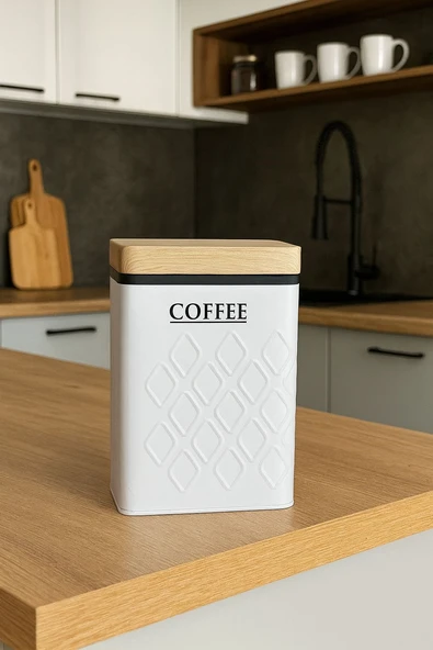 Ahşap Görünümlü Metal Kapaklı 1 Adet Gofreli Beyaz Kahve Saklama Kutusu & Kavanoz 17*11*8 cm - 1