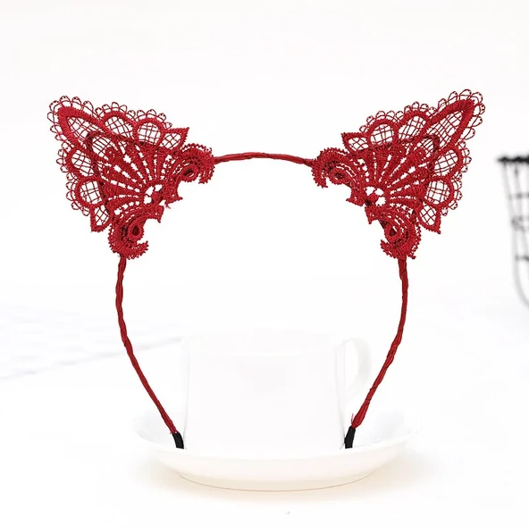 Dantelli Kırmızı Kedi Tacı - Vintage Tarz Dantel Kedi Kulak ürün görseli 1