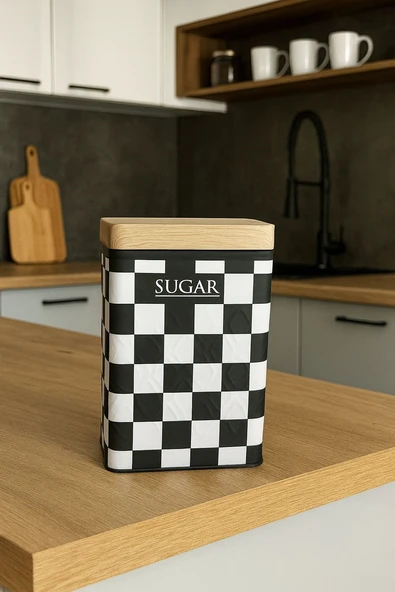 Ahşap Görünümlü Metal Kapaklı 1 Adet Gofreli Siyah Beyaz Damalı Şeker Saklama Kutusu & Kavanoz 17*11*8 cm - 1