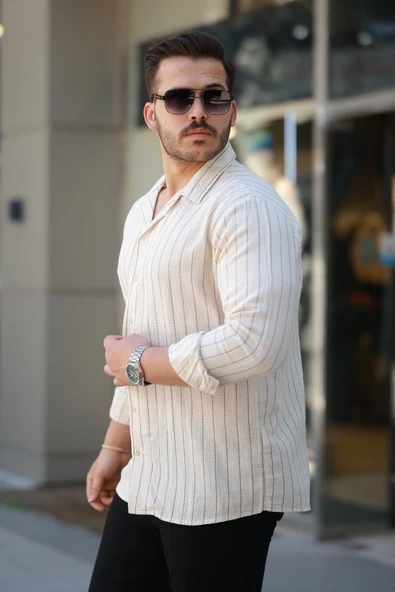 Erkek çizgili Keten Gömlek - 2