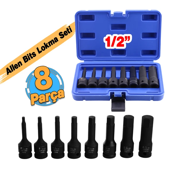 Allen Bits Lokma Seti 8 Parça 1/2" CR-MO ÇEliği H5 H6 H8 H10 H12 H14 H17 H19 Uzunluk: 78 mm Altıgen - Resim 2