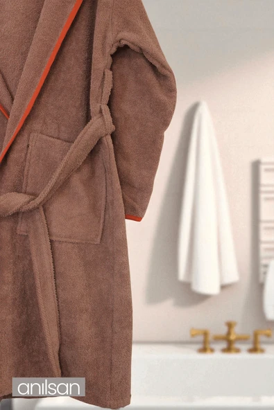 %100 Pamuk Kahverengi Bornoz - Kapüşonlu Otel Bornozu, Spa Için Ideal, Günlük Kullanıma Uygun - 3