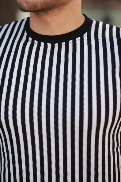 Erkek Siyah Beyaz örme Pamuklu Kumaş Kısa Kollu T-shirt - Resim 3