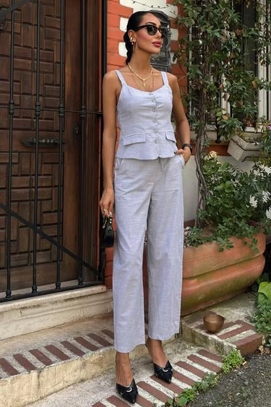 Kalın Askılı Bluz Pantolon Keten Takım 10187 ürün görseli 1