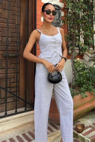 Kalın Askılı Bluz Pantolon Keten Takım 10187 - Resim 2