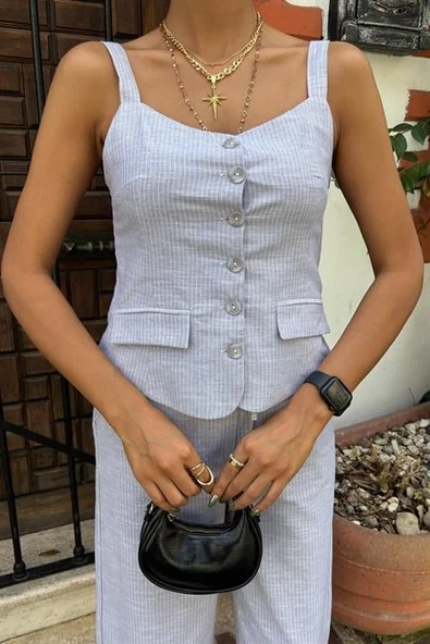 Kalın Askılı Bluz Pantolon Keten Takım 10187 - Resim 7