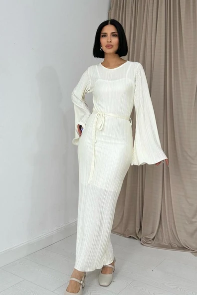 Ekru İspanyol Kol Piliseli Elbise
